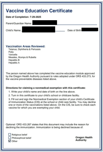 Oregon Vaccine Ed Cert